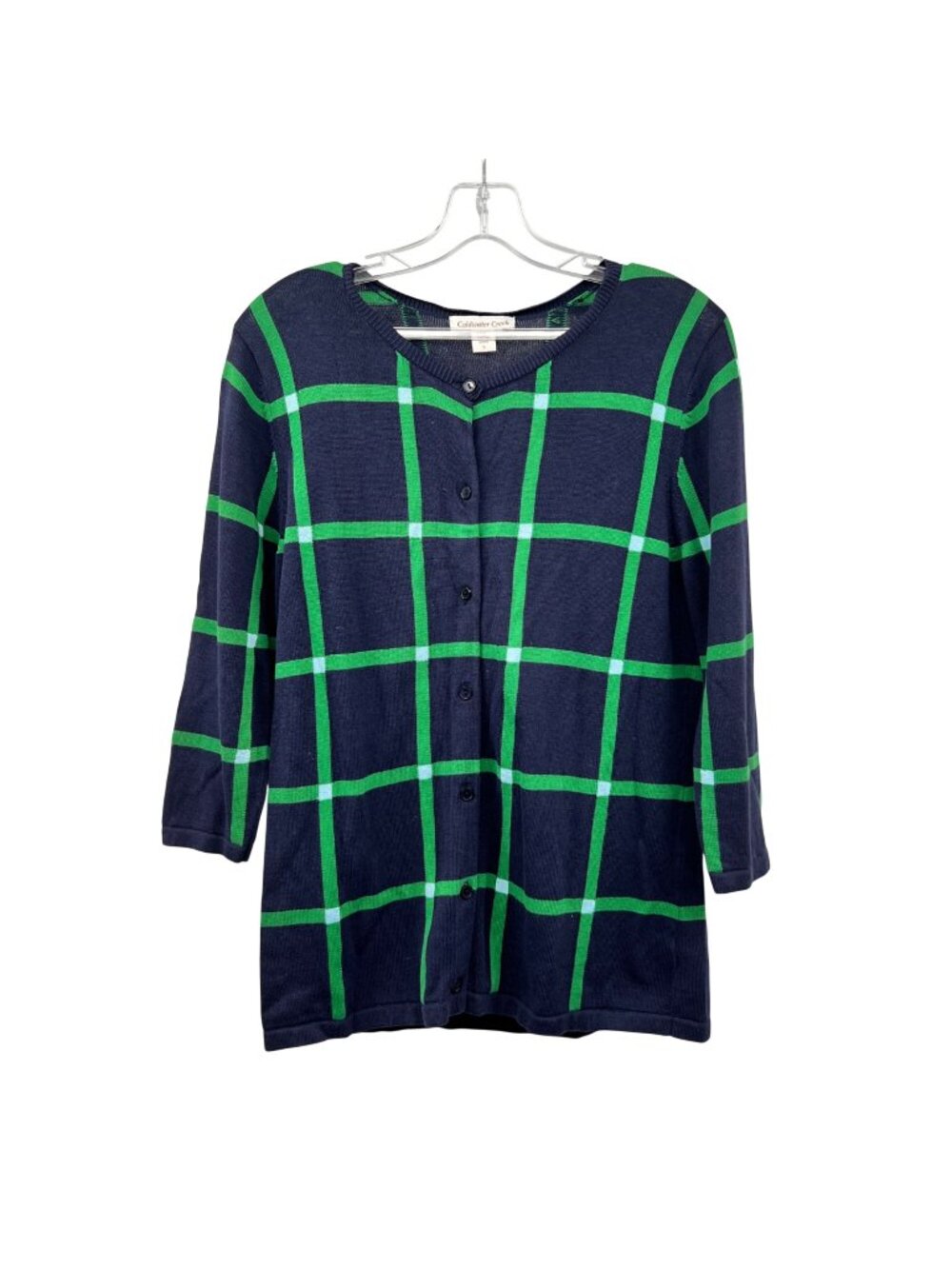 Coldwater Creek Plaid Cardigan 3/4 Sleeve Navy/Multi Womens Size Small